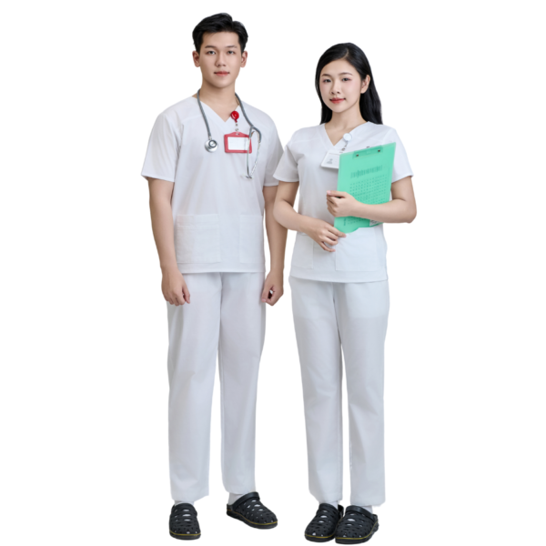 Bộ Scrubs cổ tim màu trắng